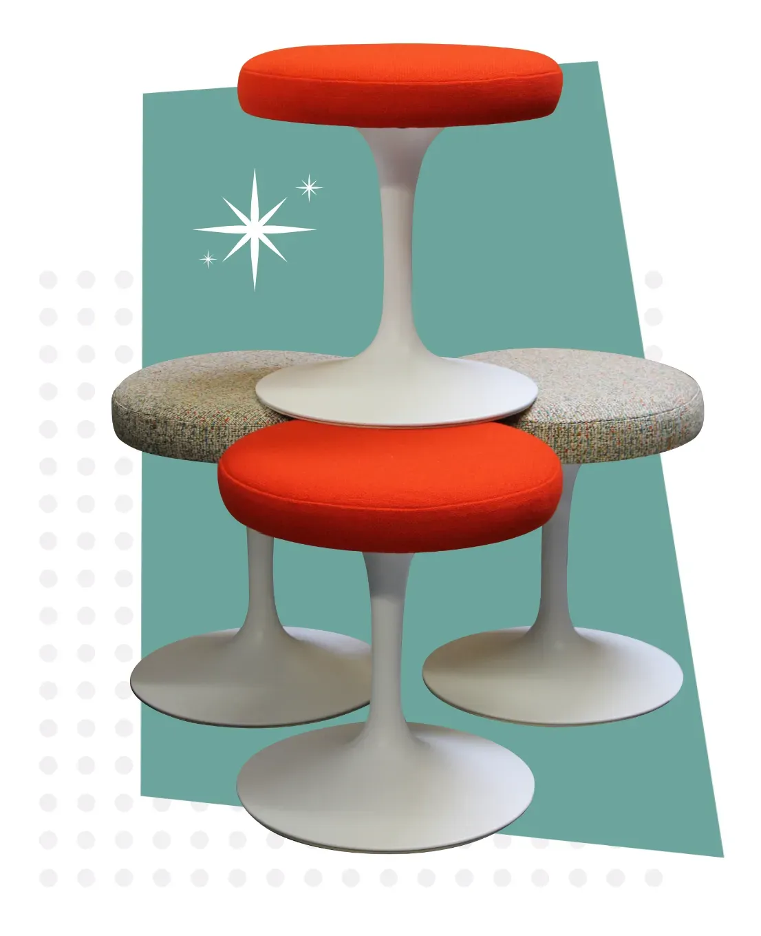 Stack of newly restored Eero Saarinen stools with red fabric seats and white bases